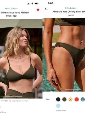 aerie Military Green Ribbed Skinny Strap Bikini Top and Mid Rise Bottoms